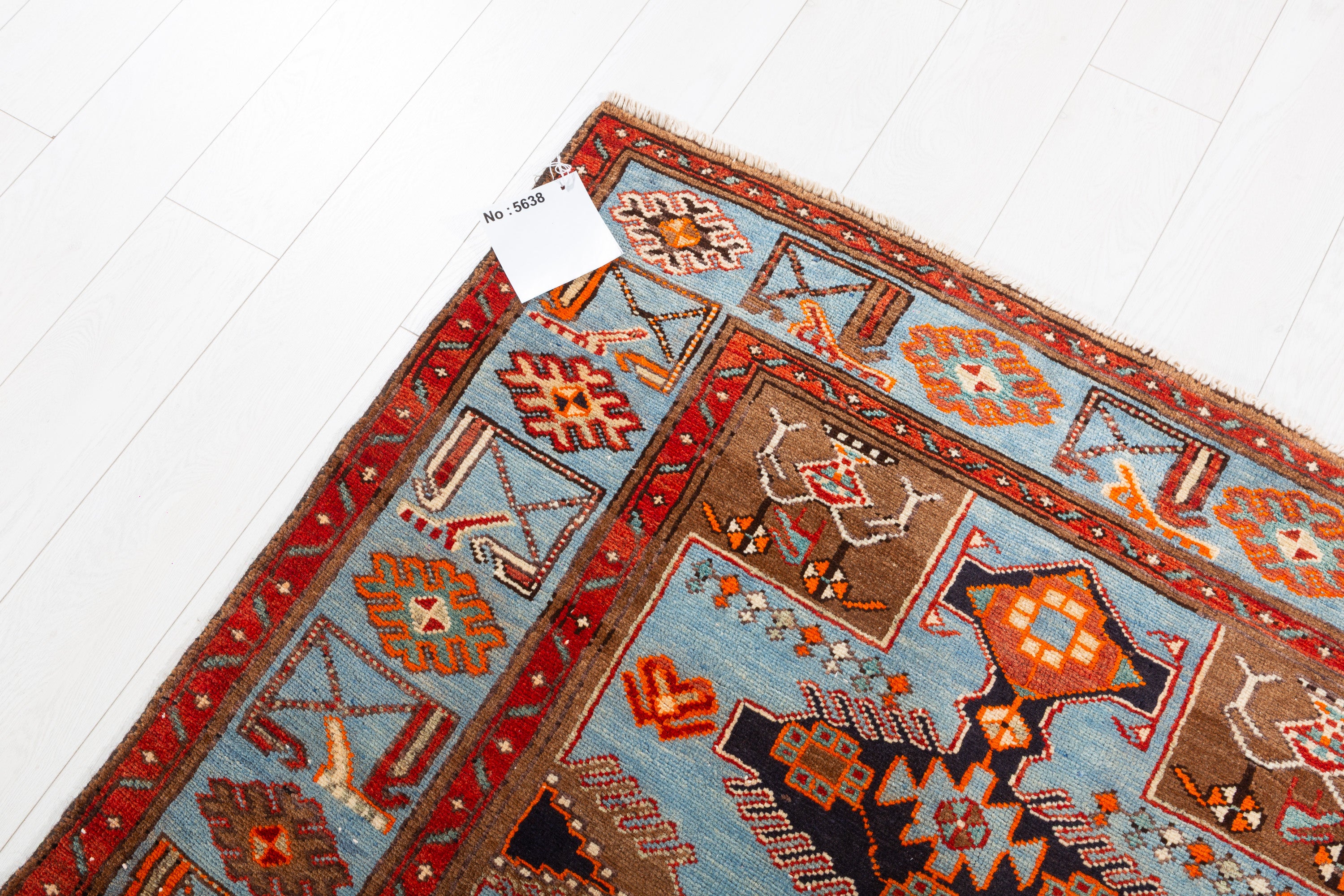 Collectible Vintage Turquoise blue, brown Geometric Area Rug – 6' 4" x 4' 2" (194 x 126 cm)