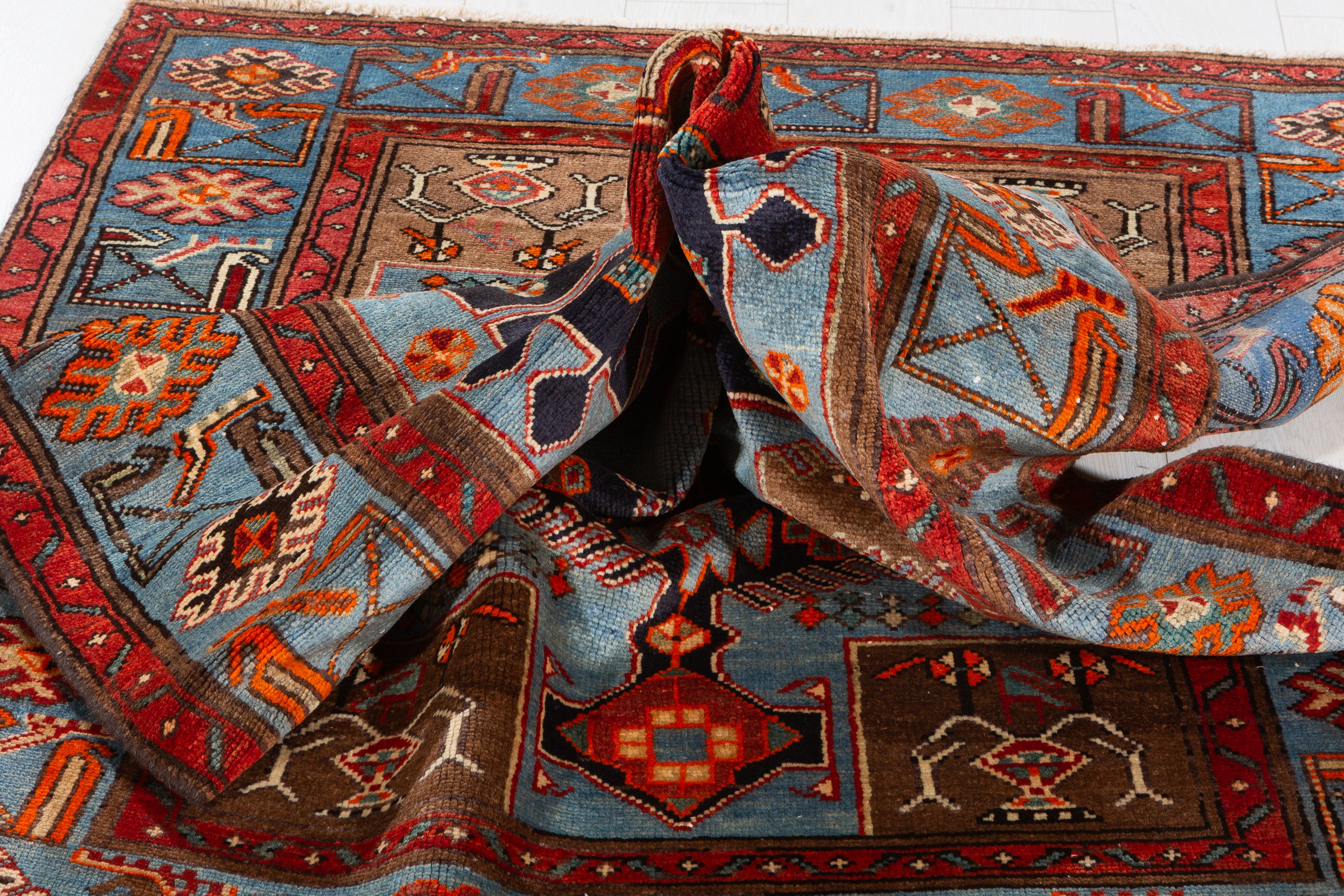 Collectible Vintage Turquoise blue, brown Geometric Area Rug – 6' 4" x 4' 2" (194 x 126 cm)