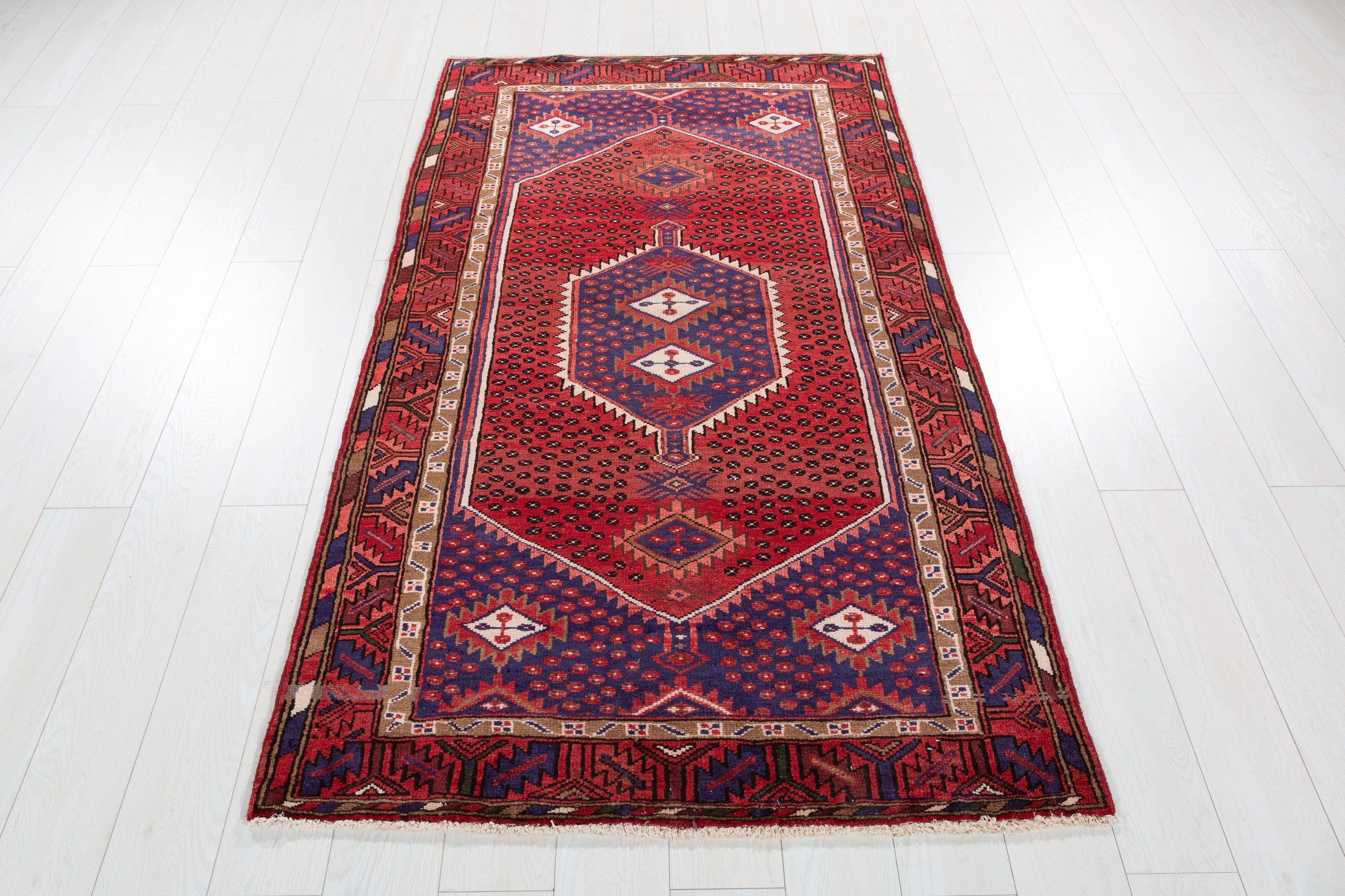 Vintage Red, navy blue Geometric Area Rug – 6' 4" x 3' 8" (192 x 113 cm)