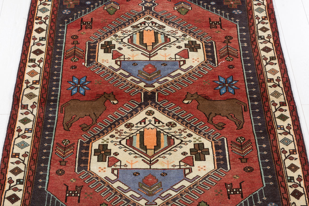 Collectible Vintage Rust red, beige Geometric Area Rug – 6' 4" x 4' 3" (194 x 129 cm)