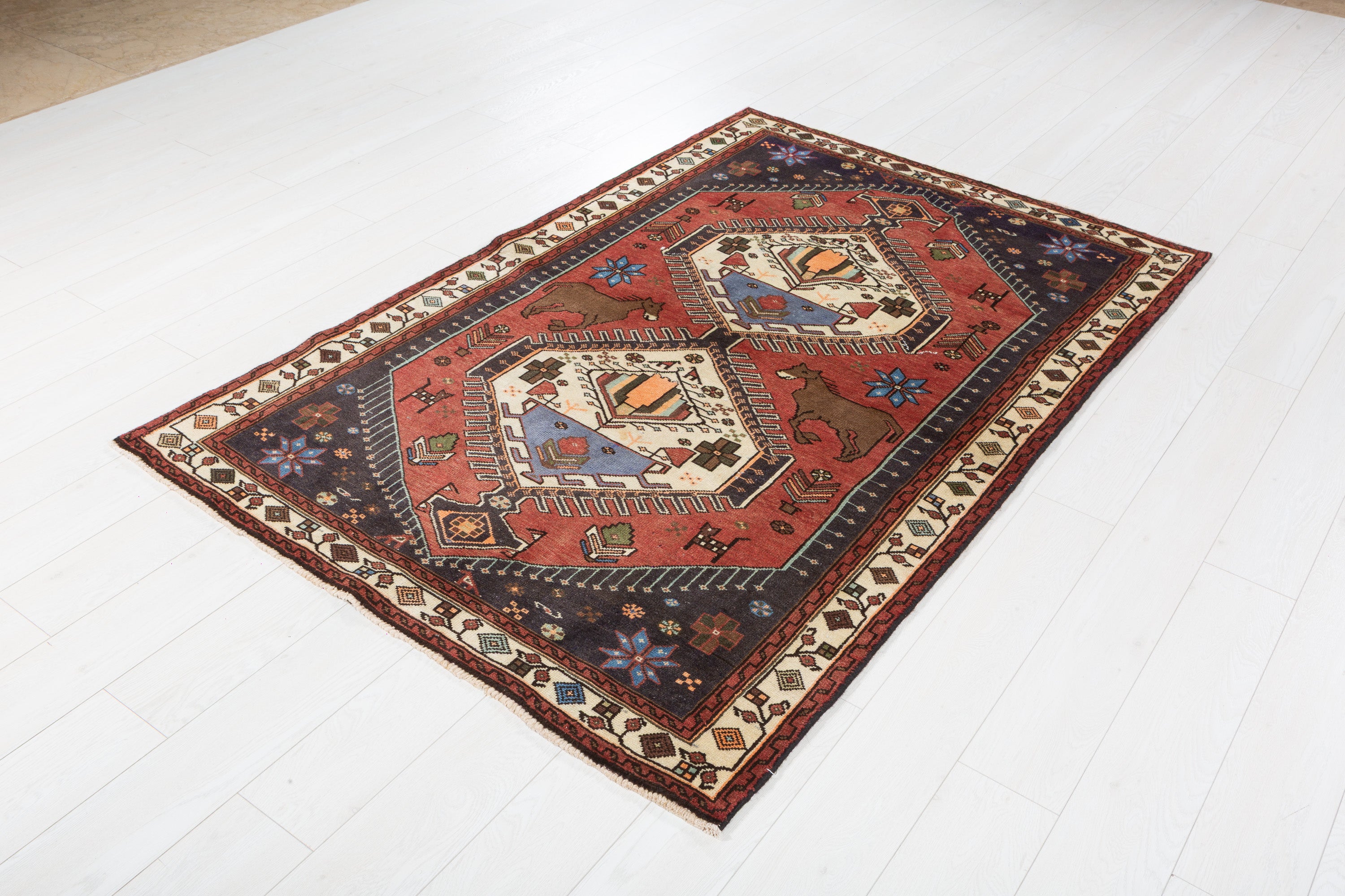 Collectible Vintage Rust red, beige Geometric Area Rug – 6' 4" x 4' 3" (194 x 129 cm)