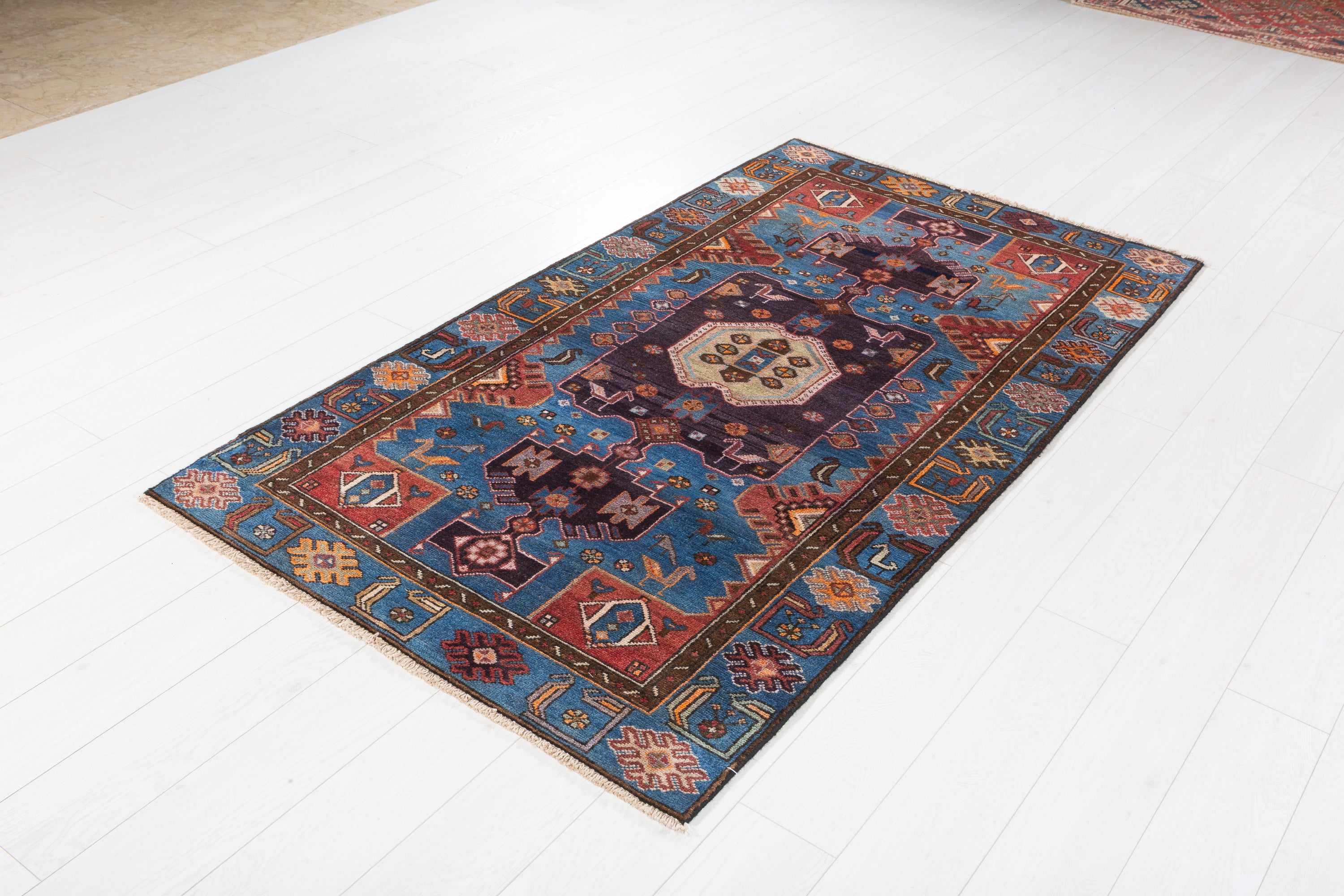 Collectible Vintage Blue Geometric Area Rug – 6' 6" x 3' 8" (199 x 112 cm)