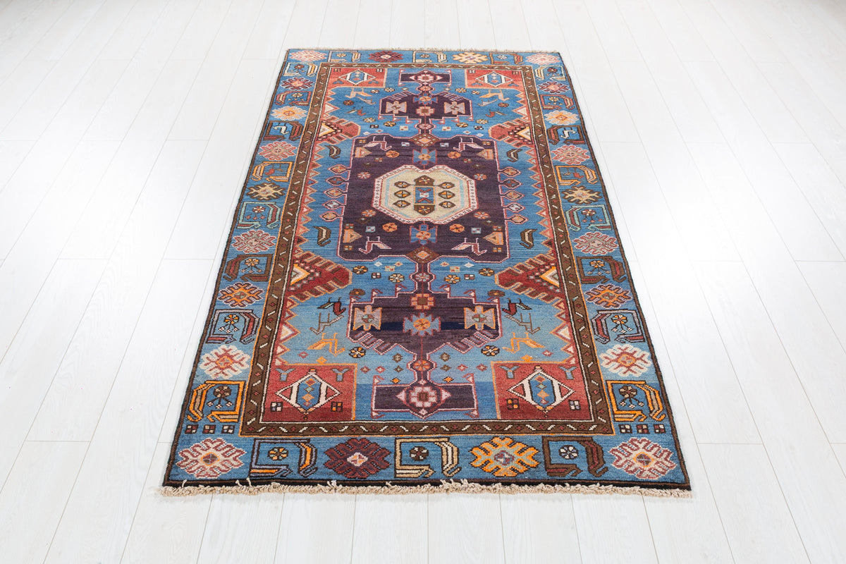 Collectible Vintage Blue Geometric Area Rug – 6' 6" x 3' 8" (199 x 112 cm)
