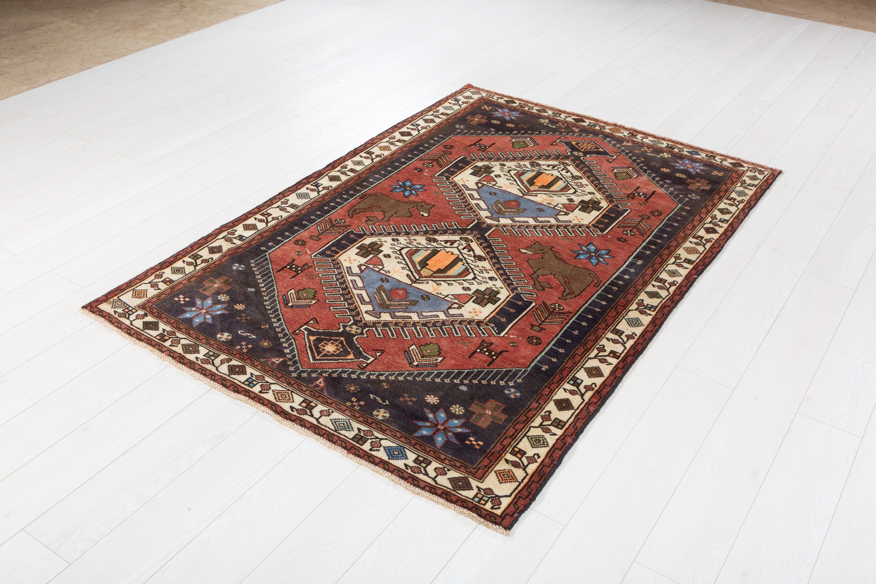 Collectible Vintage Rust red, beige Geometric Area Rug – 6' 4" x 4' 3" (192 x 129 cm)