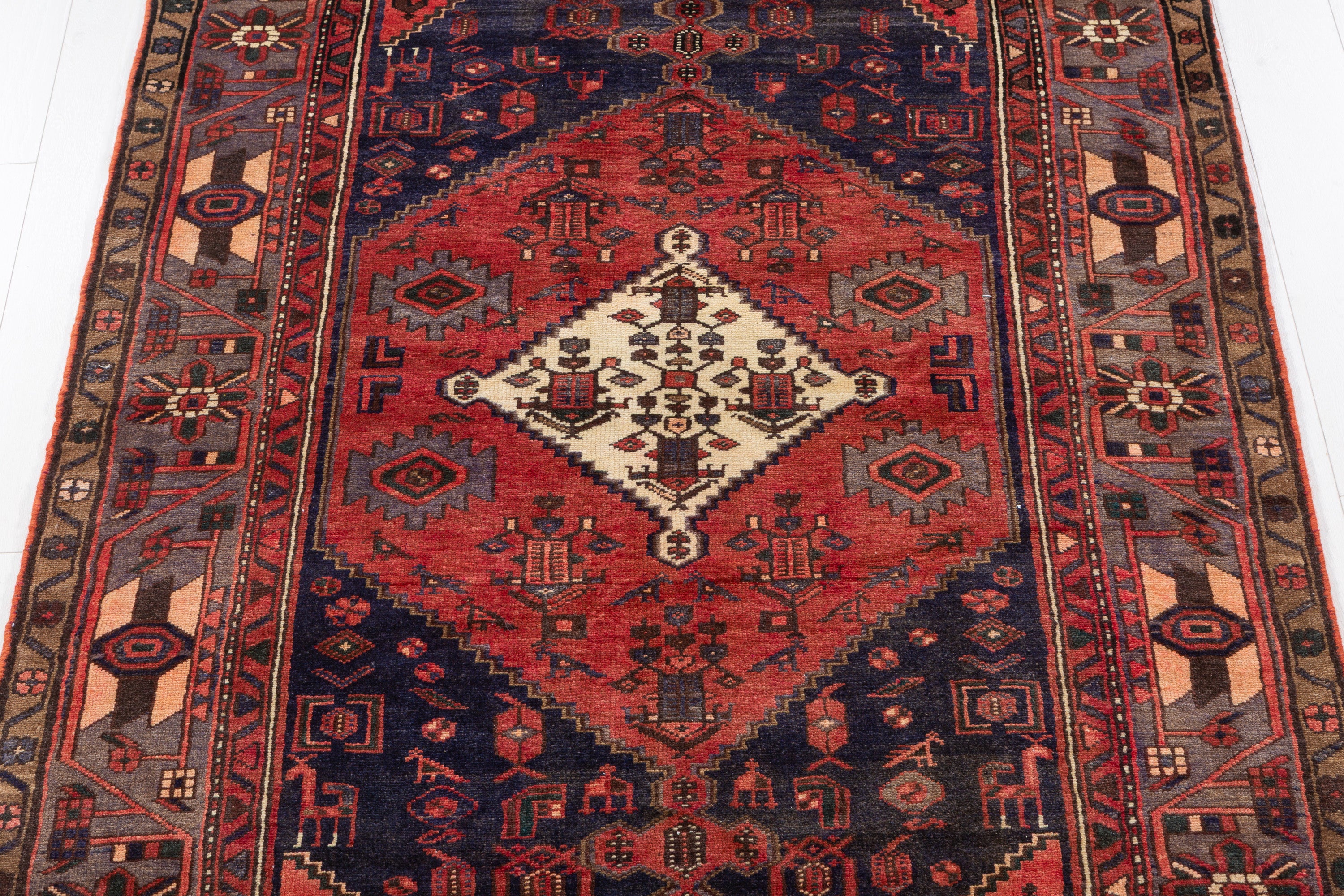 Vintage Red, navy blue, gray Geometric Area Rug – 7' 2" x 4' 5" (218 x 134 cm)