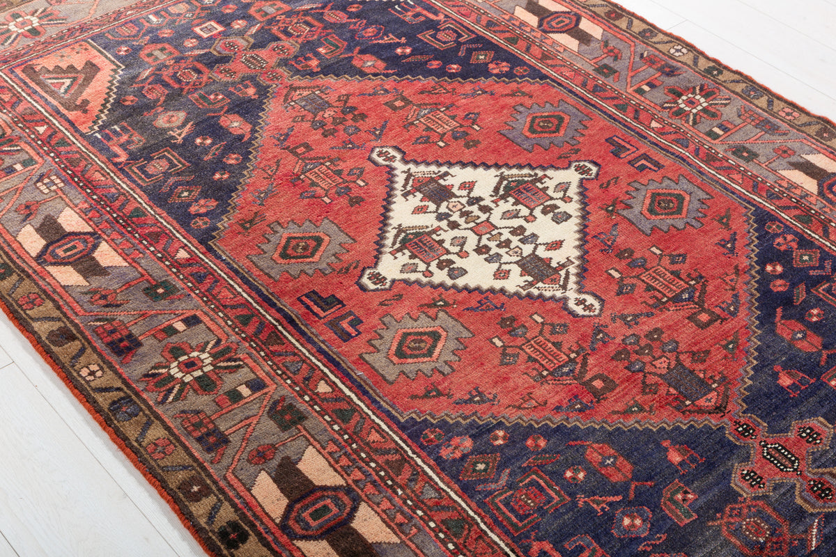 Vintage Red, navy blue, gray Geometric Area Rug – 7' 2" x 4' 5" (218 x 134 cm)