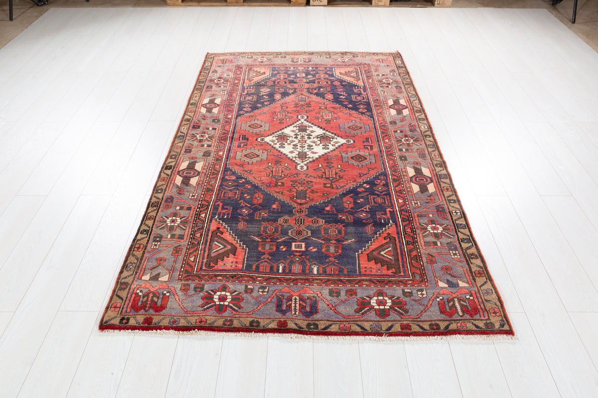 Vintage Red, navy blue, gray Geometric Area Rug – 7' 2" x 4' 5" (218 x 134 cm)