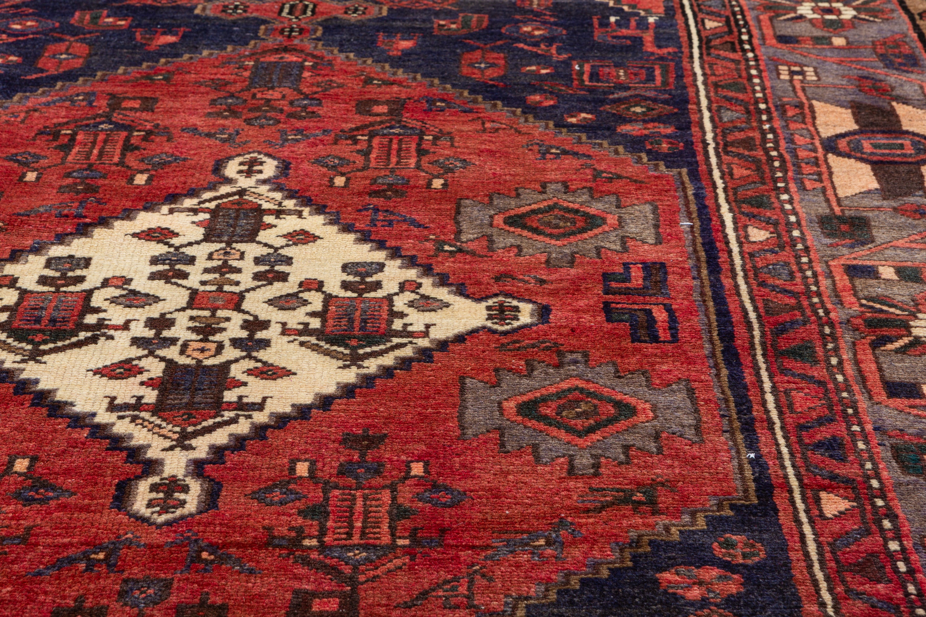 Vintage Red, navy blue, gray Geometric Area Rug – 7' 2" x 4' 5" (218 x 134 cm)