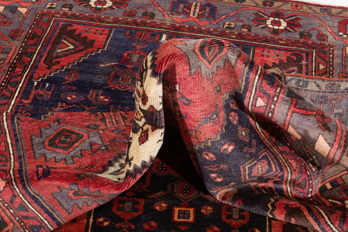 Vintage Red, navy blue, gray Geometric Area Rug – 7' 2" x 4' 5" (218 x 134 cm)