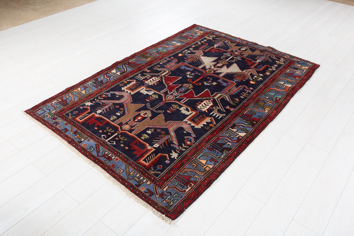 Vintage Navy blue, blue Geometric Hand-Knotted Area Rug – 6' 10" x 4' 7" (209 x 140 cm)