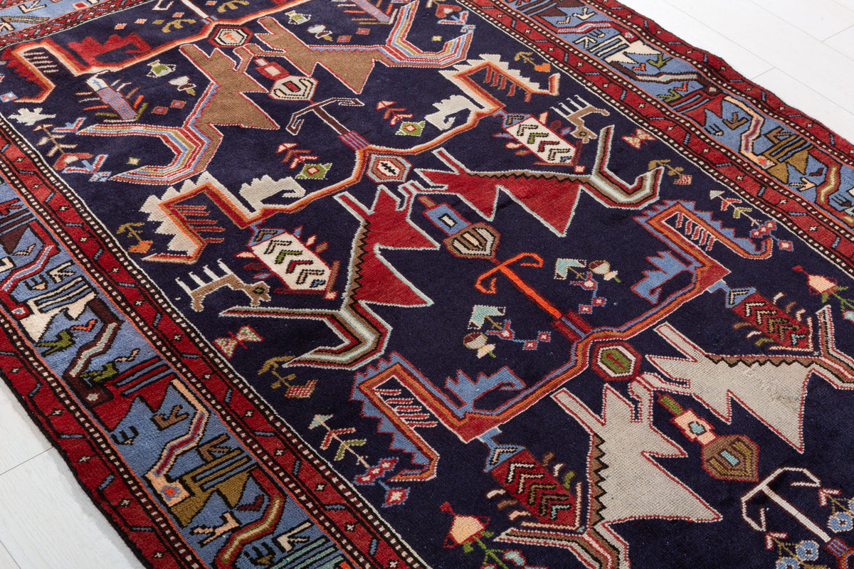 Vintage Navy blue, blue Geometric Hand-Knotted Area Rug – 6' 10" x 4' 7" (209 x 140 cm)
