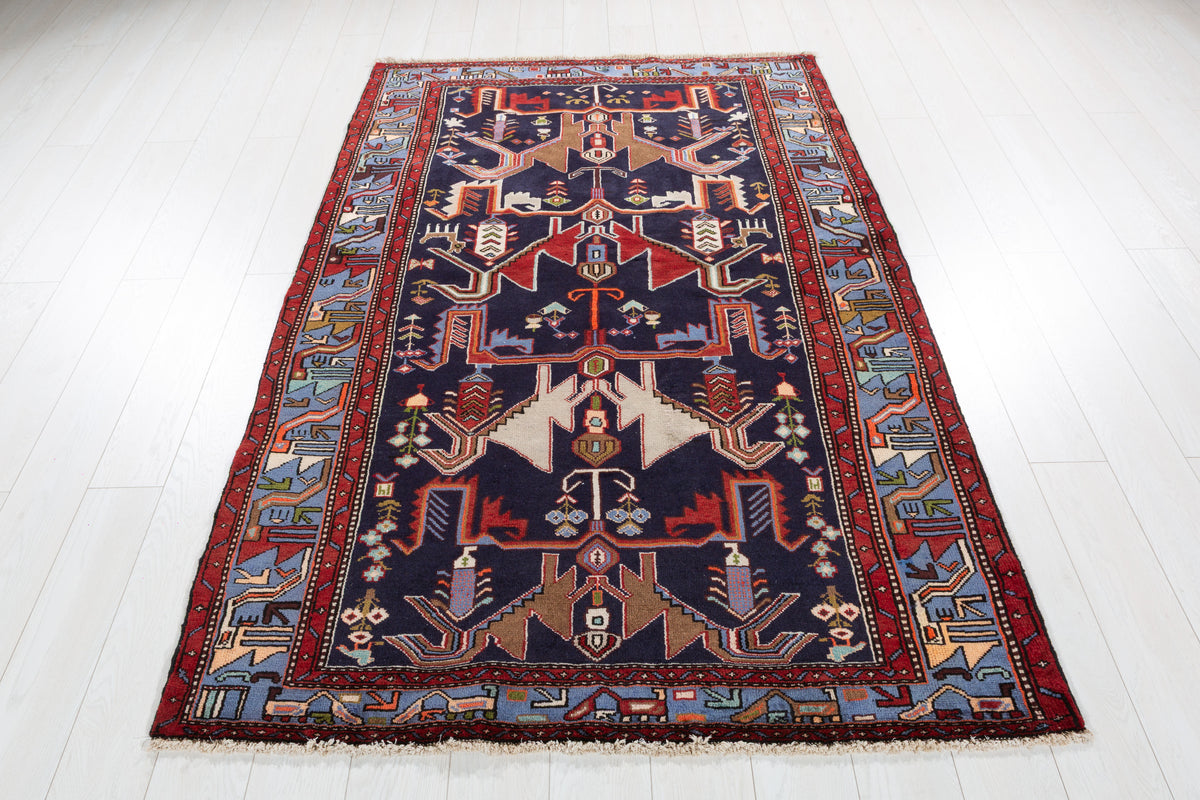 Vintage Navy blue, blue Geometric Hand-Knotted Area Rug – 6' 10" x 4' 7" (209 x 140 cm)