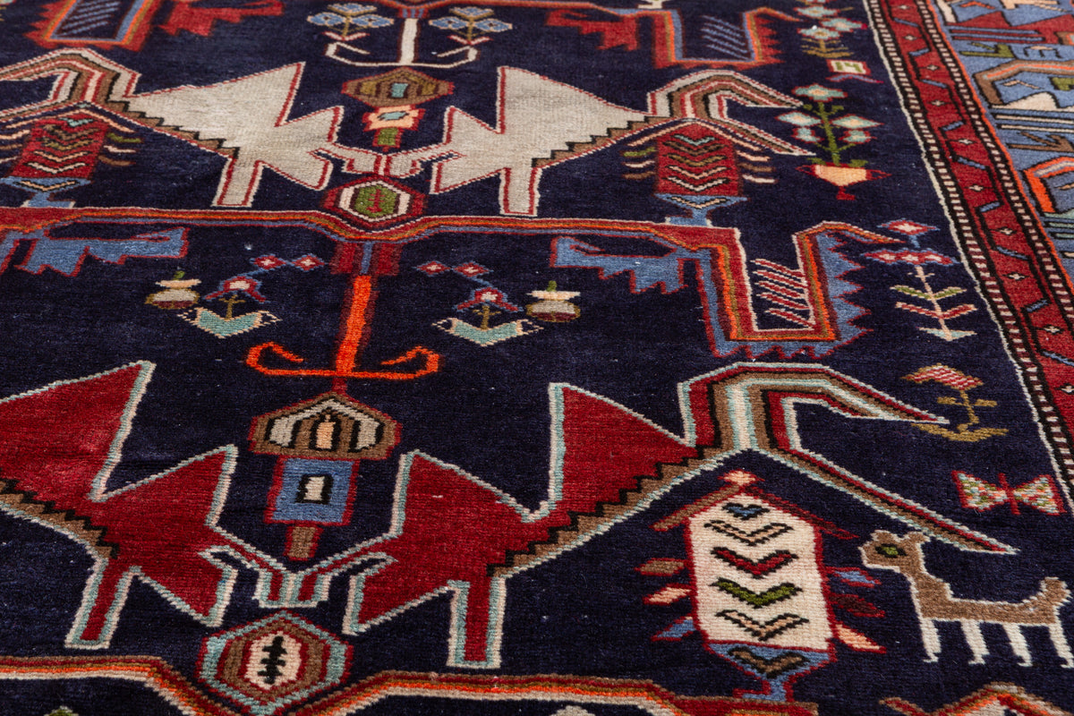 Vintage Navy blue, blue Geometric Hand-Knotted Area Rug – 6' 10" x 4' 7" (209 x 140 cm)