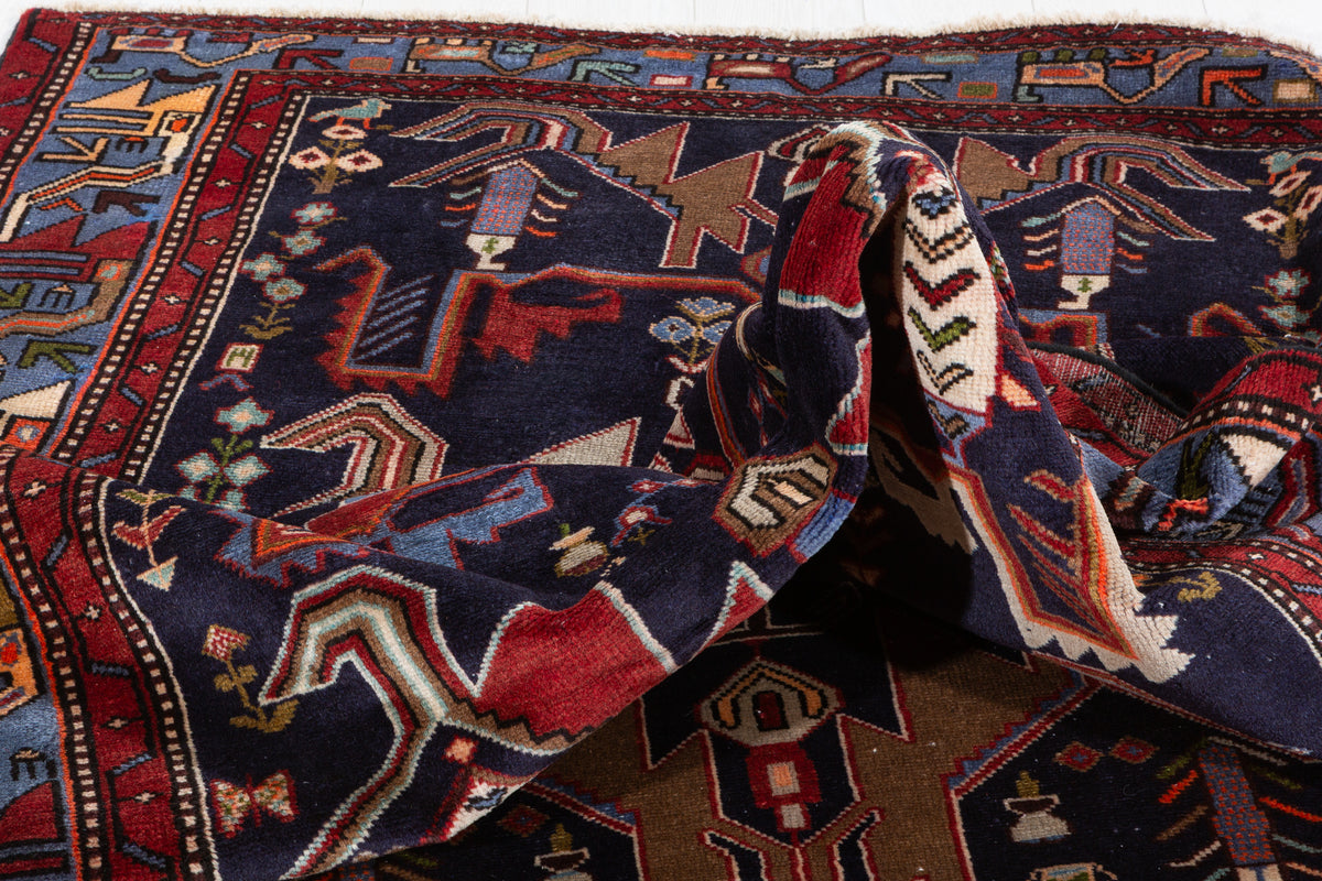 Vintage Navy blue, blue Geometric Hand-Knotted Area Rug – 6' 10" x 4' 7" (209 x 140 cm)