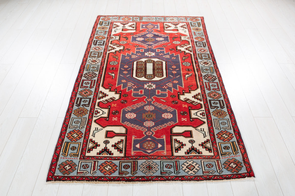 Collectible Vintage Red, turquoise blue Geometric Area Rug – 6' 4" x 4' 1" (194 x 125 cm)