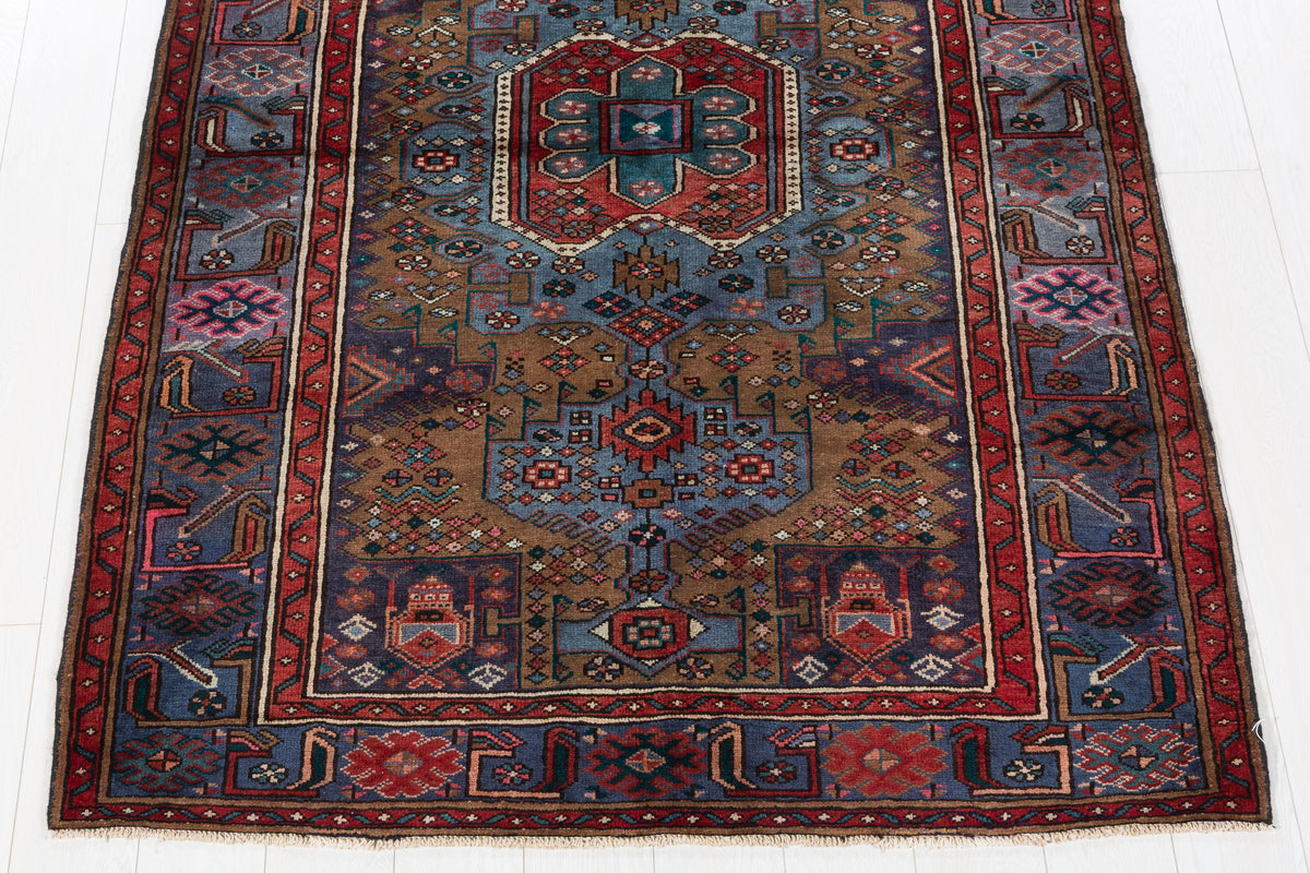 Collectible Vintage Brown, turquoise blue Geometric Hand-Knotted Area Rug – 6' 7" x 4' 7" (201 x 140 cm)