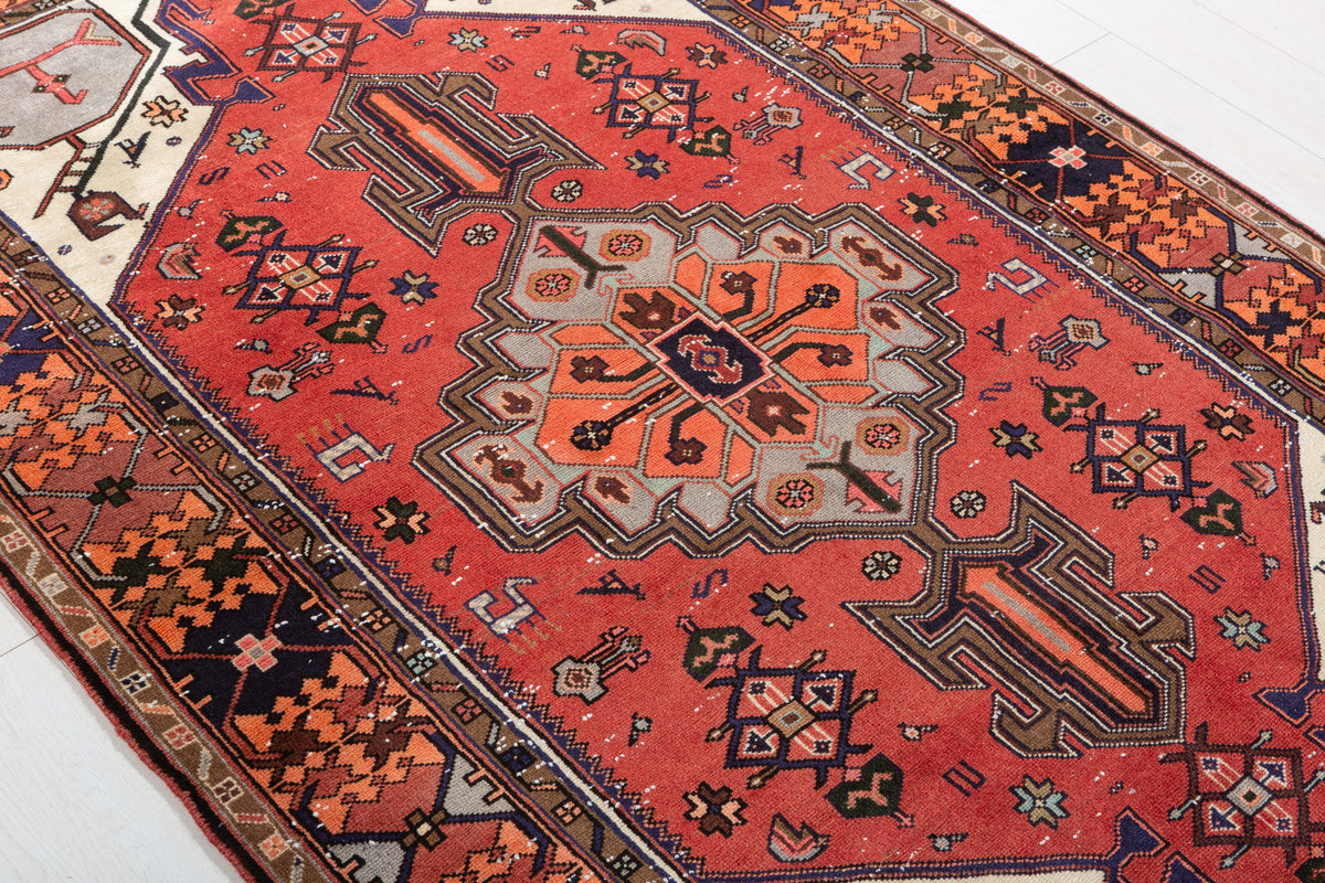 Vintage Red, orange Geometric Hand-Knotted Area Rug – 6' 5" x 4' 4" (195 x 133 cm)