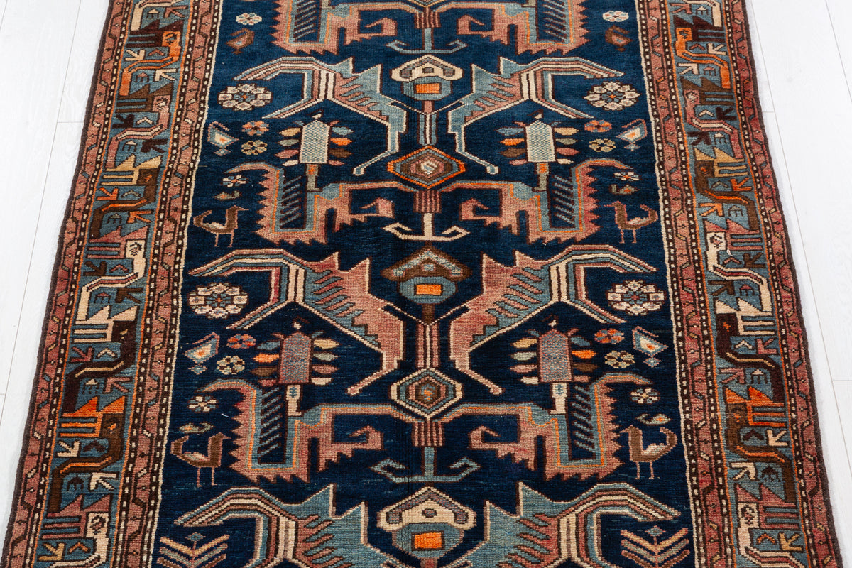 Collectible Vintage Deep navy blue, turquoise blue, rust red Geometric Hand-Knotted Area Rug – 7' 5" x 4' 1" (227 x 124 cm)