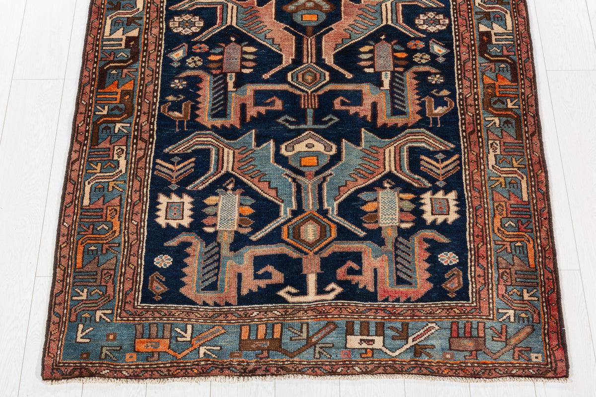 Collectible Vintage Deep navy blue, turquoise blue, rust red Geometric Hand-Knotted Area Rug – 7' 5" x 4' 1" (227 x 124 cm)
