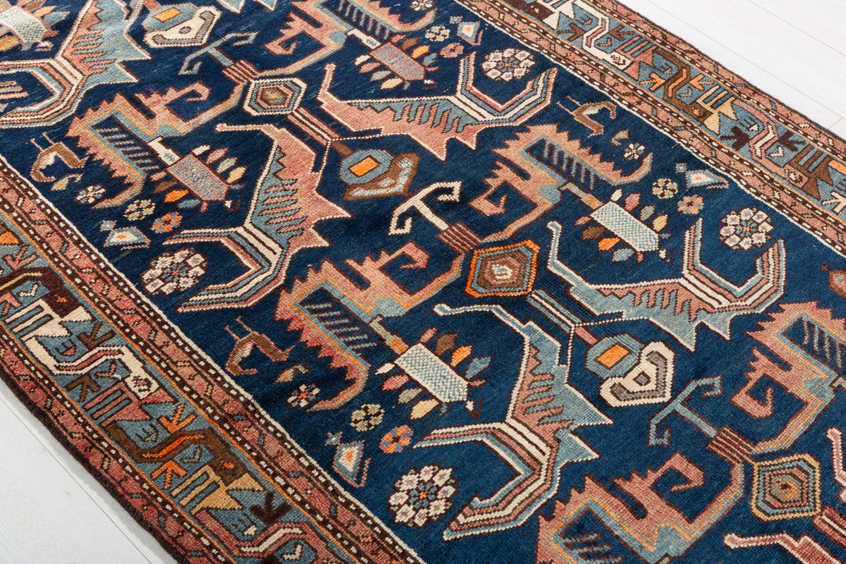 Collectible Vintage Deep navy blue, turquoise blue, rust red Geometric Hand-Knotted Area Rug – 7' 5" x 4' 1" (227 x 124 cm)