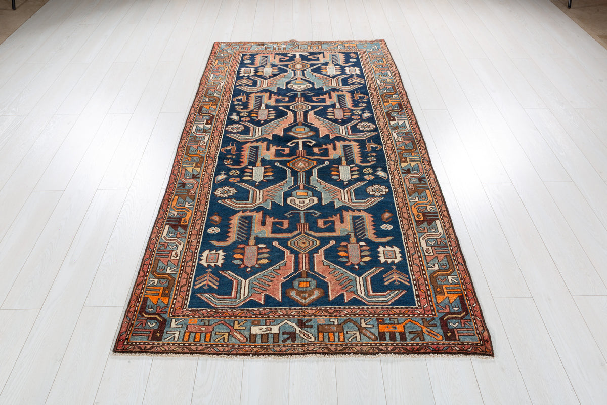 Collectible Vintage Deep navy blue, turquoise blue, rust red Geometric Hand-Knotted Area Rug – 7' 5" x 4' 1" (227 x 124 cm)