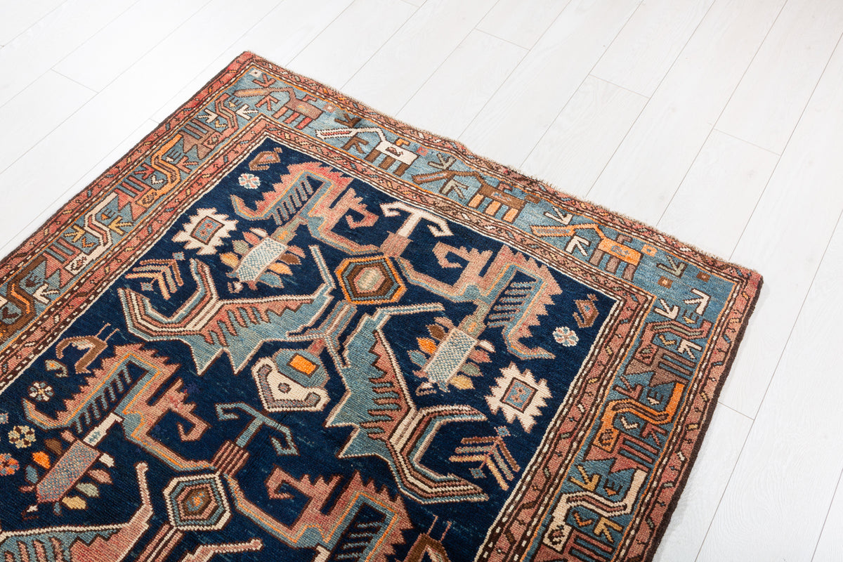 Collectible Vintage Deep navy blue, turquoise blue, rust red Geometric Hand-Knotted Area Rug – 7' 5" x 4' 1" (227 x 124 cm)