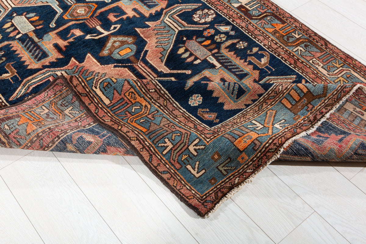 Collectible Vintage Deep navy blue, turquoise blue, rust red Geometric Hand-Knotted Area Rug – 7' 5" x 4' 1" (227 x 124 cm)