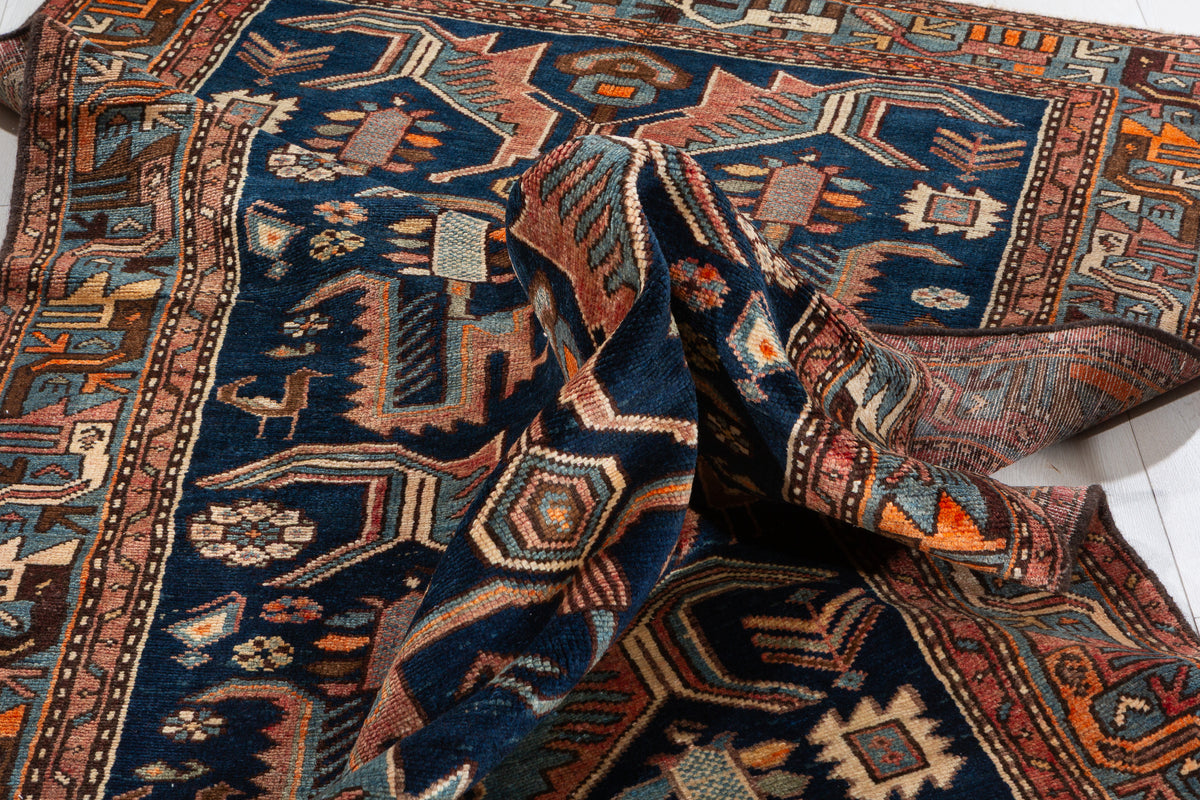 Collectible Vintage Deep navy blue, turquoise blue, rust red Geometric Hand-Knotted Area Rug – 7' 5" x 4' 1" (227 x 124 cm)