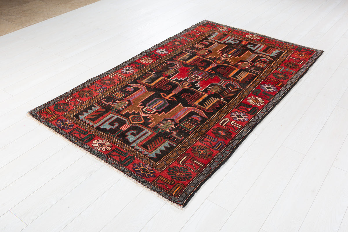 Collectible Vintage Black, red Geometric Hand-Knotted Area Rug – 6' 11" x 4' 2" (212 x 127 cm)