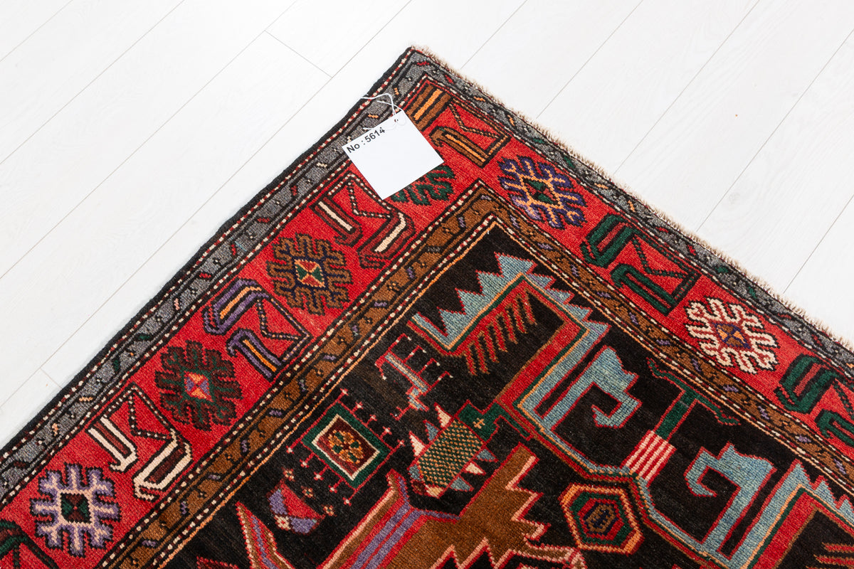 Collectible Vintage Black, red Geometric Hand-Knotted Area Rug – 6' 11" x 4' 2" (212 x 127 cm)