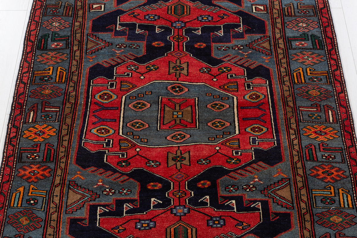Collectible Vintage Red, navy blue, turquoise blue Geometric Hand-Knotted Area Rug – 6' 7" x 4' 6" (201 x 138 cm)