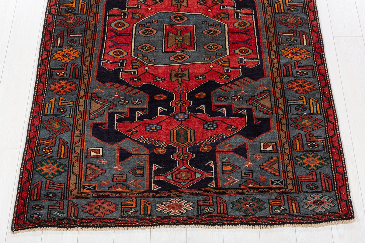 Collectible Vintage Red, navy blue, turquoise blue Geometric Hand-Knotted Area Rug – 6' 7" x 4' 6" (201 x 138 cm)