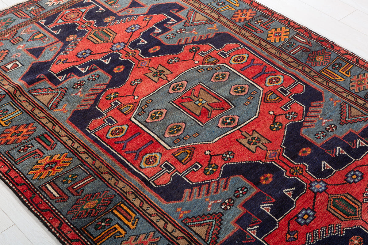 Collectible Vintage Red, navy blue, turquoise blue Geometric Hand-Knotted Area Rug – 6' 7" x 4' 6" (201 x 138 cm)