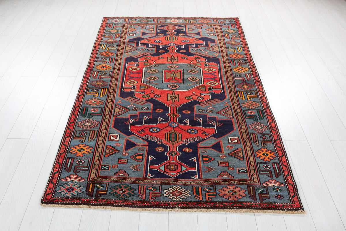 Collectible Vintage Red, navy blue, turquoise blue Geometric Hand-Knotted Area Rug – 6' 7" x 4' 6" (201 x 138 cm)