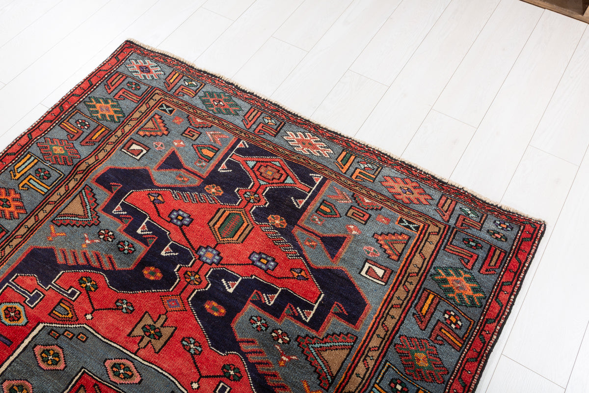 Collectible Vintage Red, navy blue, turquoise blue Geometric Hand-Knotted Area Rug – 6' 7" x 4' 6" (201 x 138 cm)