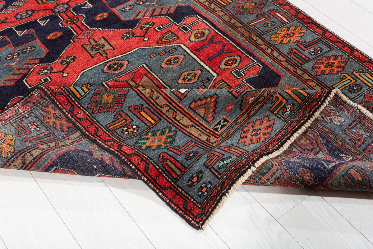 Collectible Vintage Red, navy blue, turquoise blue Geometric Hand-Knotted Area Rug – 6' 7" x 4' 6" (201 x 138 cm)