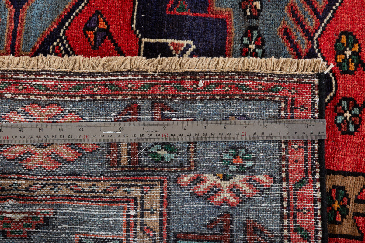 Collectible Vintage Red, navy blue, turquoise blue Geometric Hand-Knotted Area Rug – 6' 7" x 4' 6" (201 x 138 cm)