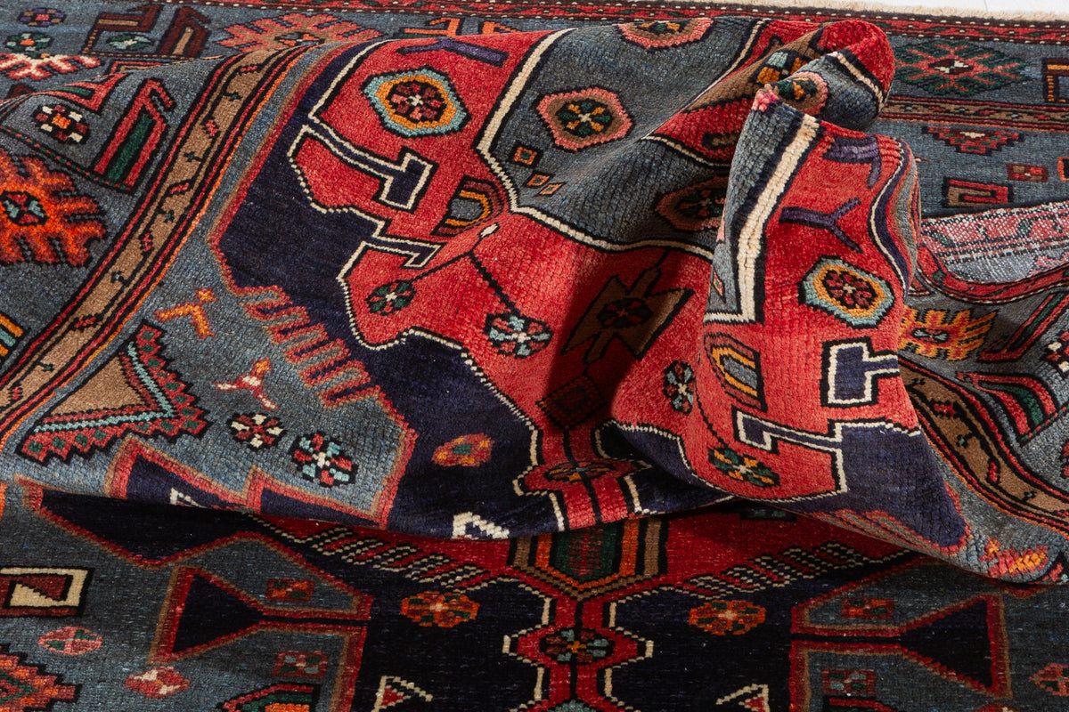 Collectible Vintage Red, navy blue, turquoise blue Geometric Hand-Knotted Area Rug – 6' 7" x 4' 6" (201 x 138 cm)