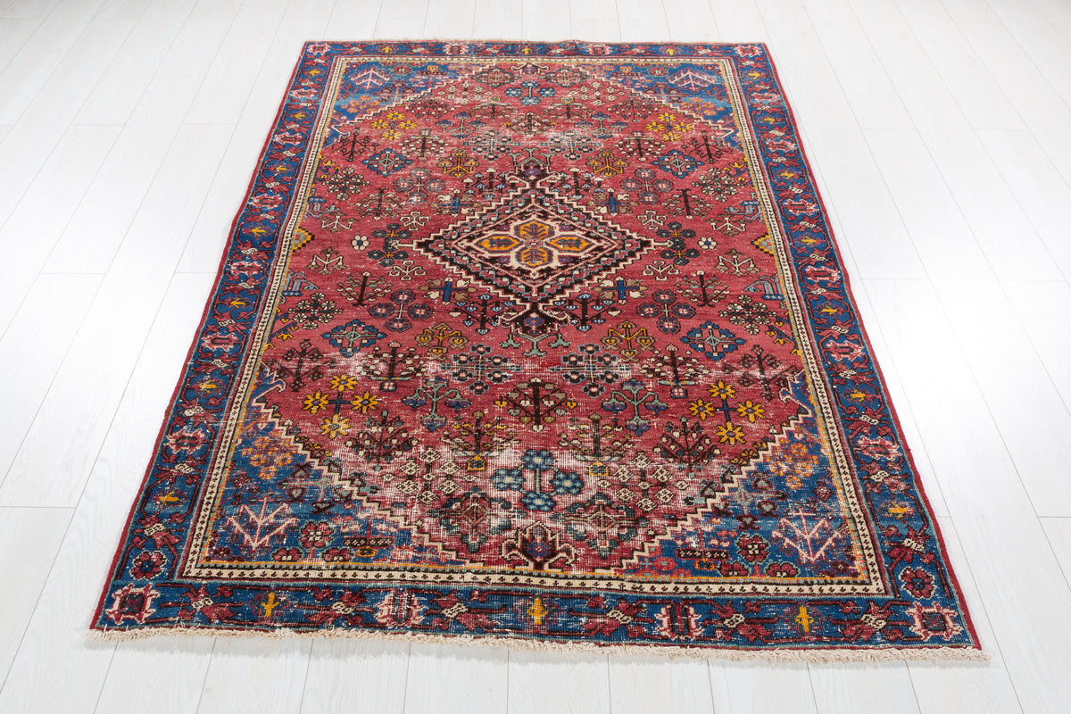Antique Red, blue Geometric Hand-Knotted Area Rug – 6' 2" x 4' 4" (189 x 133 cm)