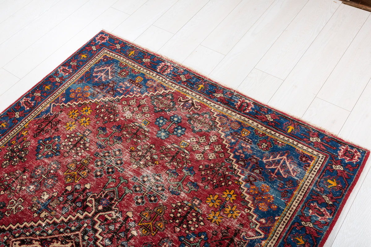 Antique Red, blue Geometric Hand-Knotted Area Rug – 6' 2" x 4' 4" (189 x 133 cm)