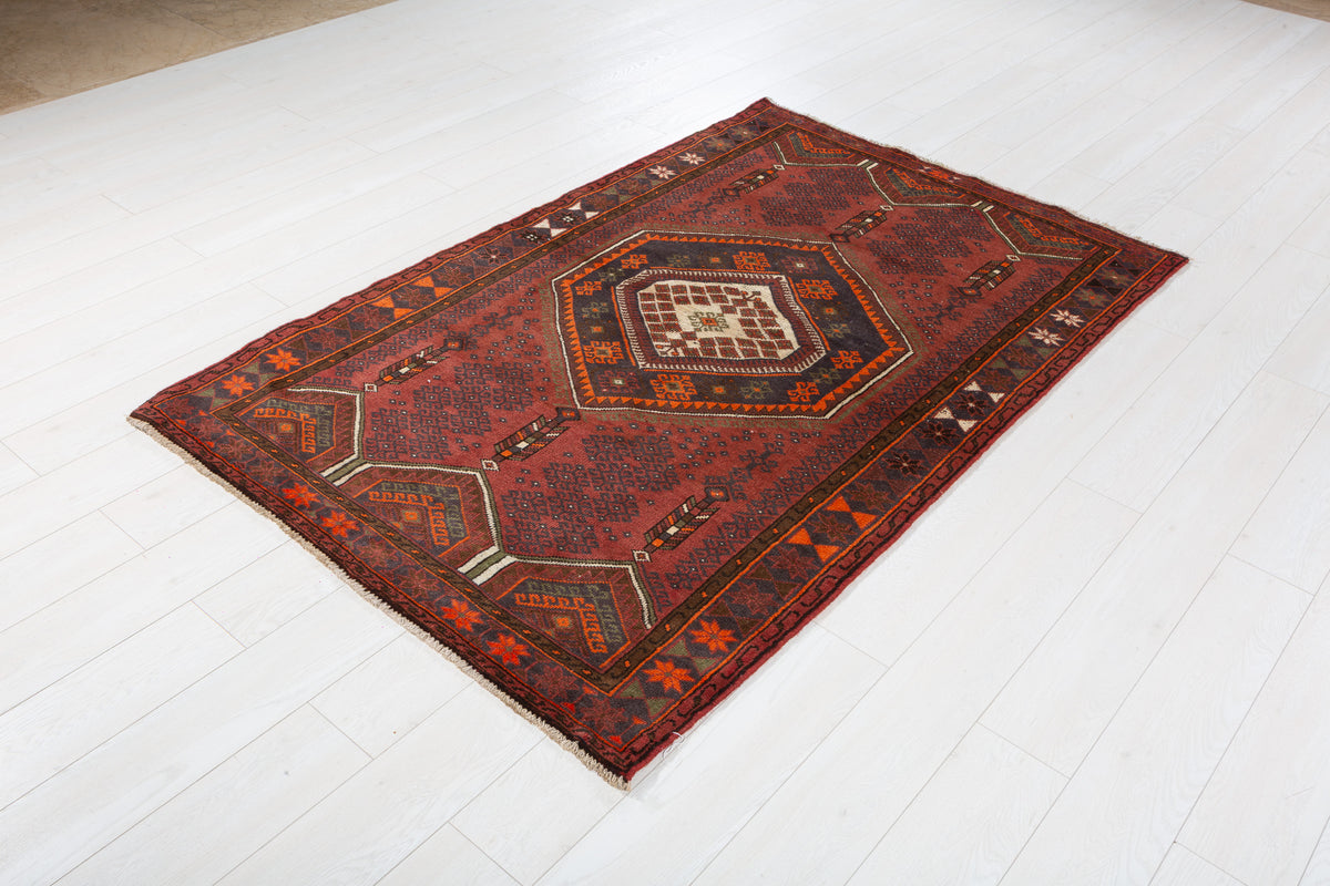 Tapis vintage rouge rouille et orange à motif géométrique – 6' 6" x 4' 1" (198 x 125 cm)