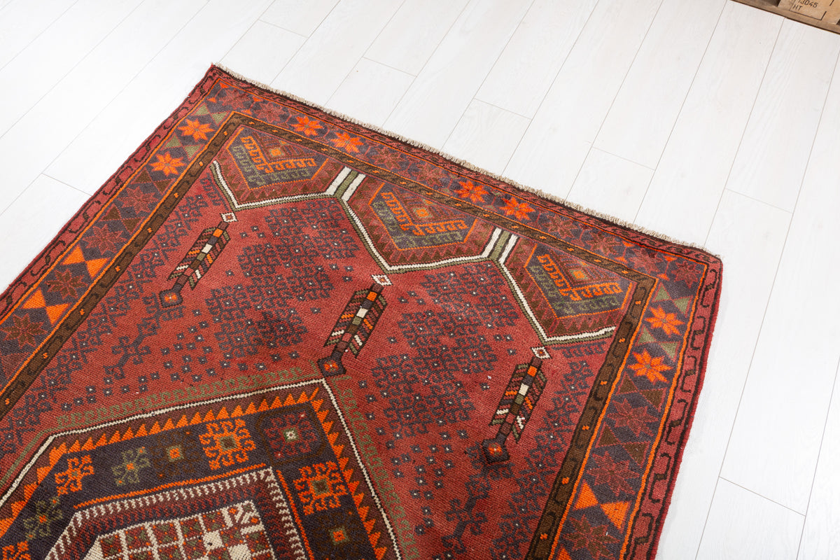 Tapis vintage rouge rouille et orange à motif géométrique – 6' 6" x 4' 1" (198 x 125 cm)