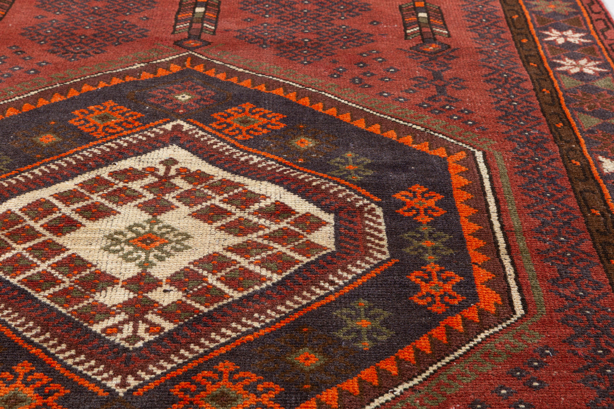 Tapis vintage rouge rouille et orange à motif géométrique – 6' 6" x 4' 1" (198 x 125 cm)