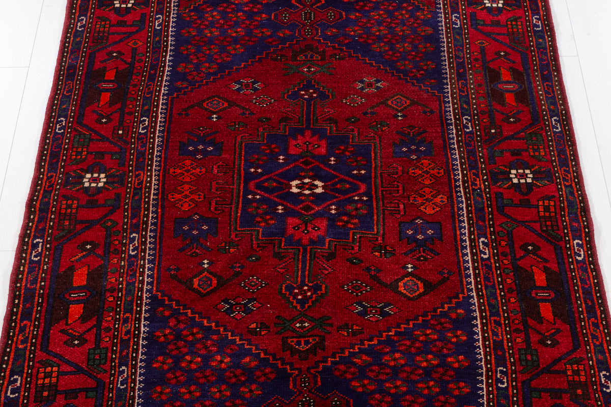 Vintage Red, navy blue Geometric Hand-Knotted Area Rug – 7' 2" x 4' 4" (219 x 133 cm)