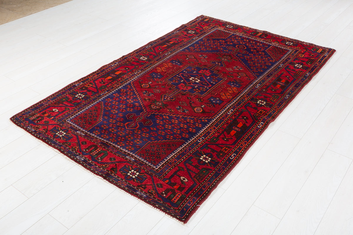 Vintage Red, navy blue Geometric Hand-Knotted Area Rug – 7' 2" x 4' 4" (219 x 133 cm)