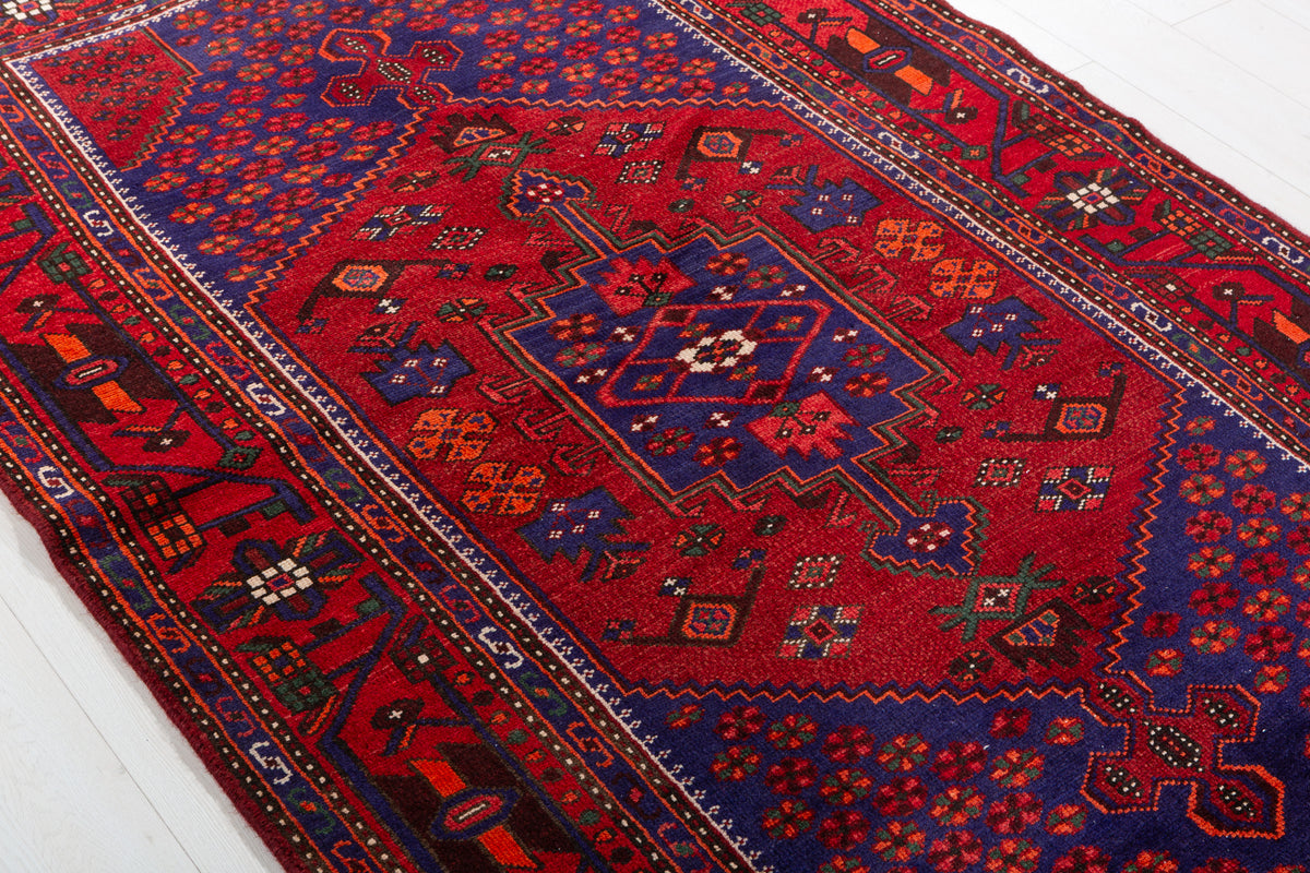 Vintage Red, navy blue Geometric Hand-Knotted Area Rug – 7' 2" x 4' 4" (219 x 133 cm)