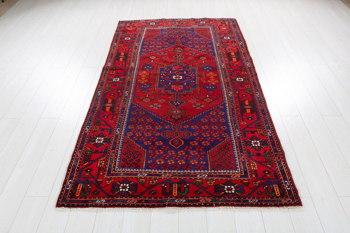 Vintage Red, navy blue Geometric Hand-Knotted Area Rug – 7' 2" x 4' 4" (219 x 133 cm)