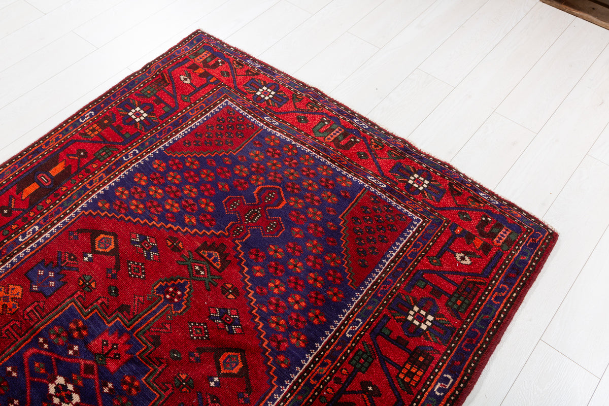 Vintage Red, navy blue Geometric Hand-Knotted Area Rug – 7' 2" x 4' 4" (219 x 133 cm)