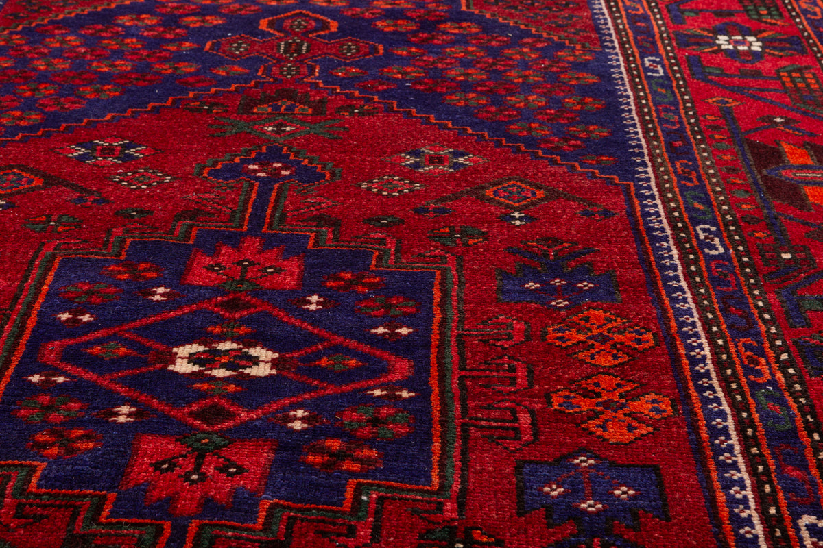 Vintage Red, navy blue Geometric Hand-Knotted Area Rug – 7' 2" x 4' 4" (219 x 133 cm)