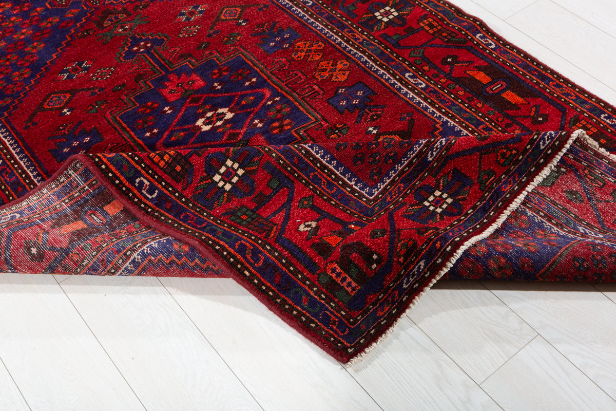 Vintage Red, navy blue Geometric Hand-Knotted Area Rug – 7' 2" x 4' 4" (219 x 133 cm)